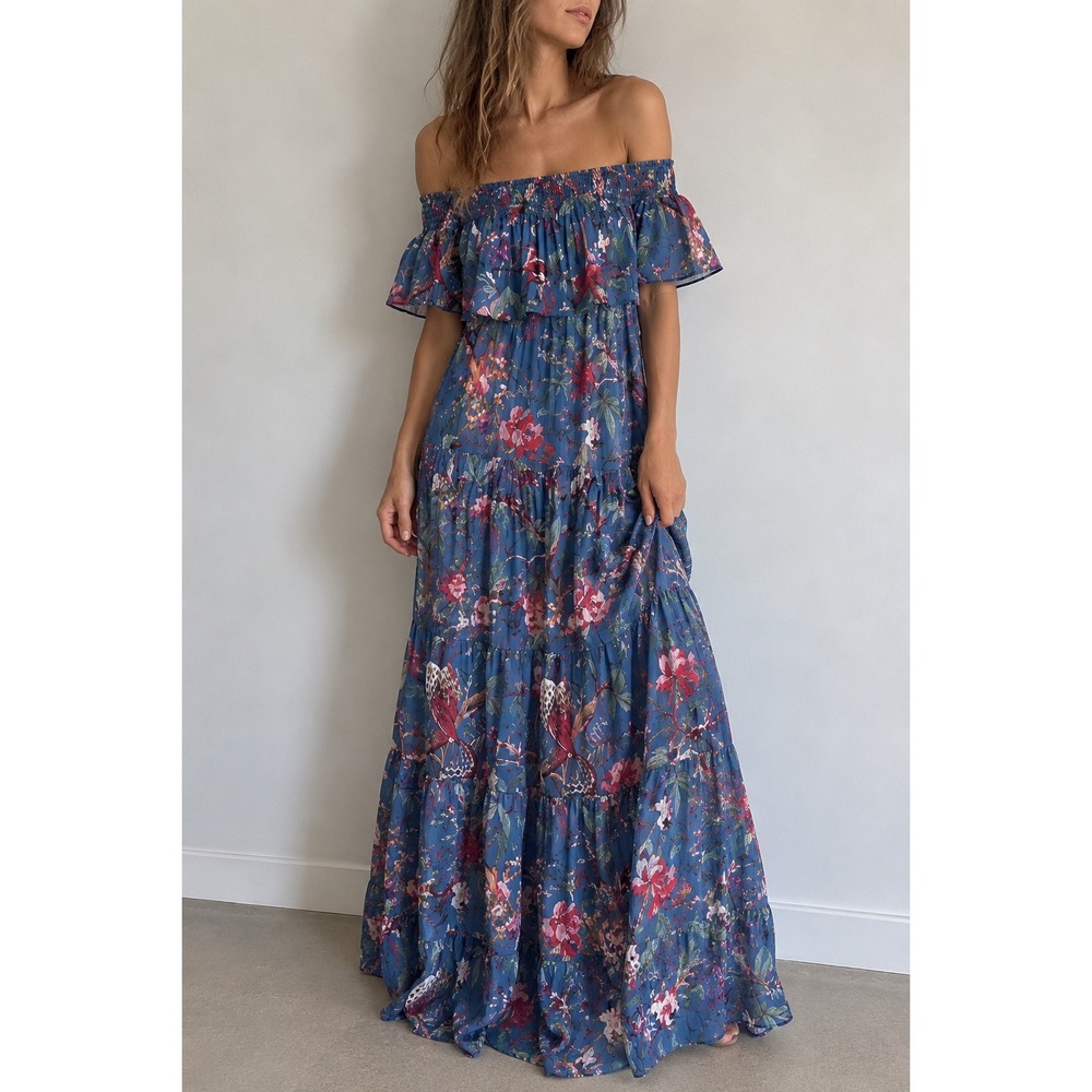 Guadalupe Blue Floral Bird Maxi Dress Small Off Shoulder Boho Resort Cottage